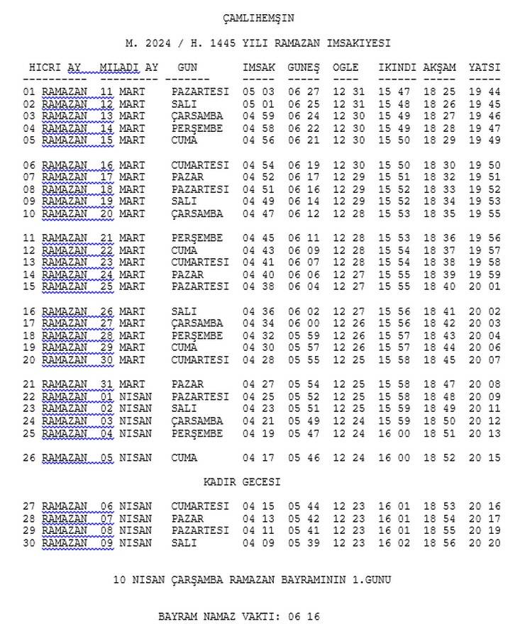Rize ve İlçelerinin 2024 Yılı Ramazan İmsakiyesi belli oldu 2
