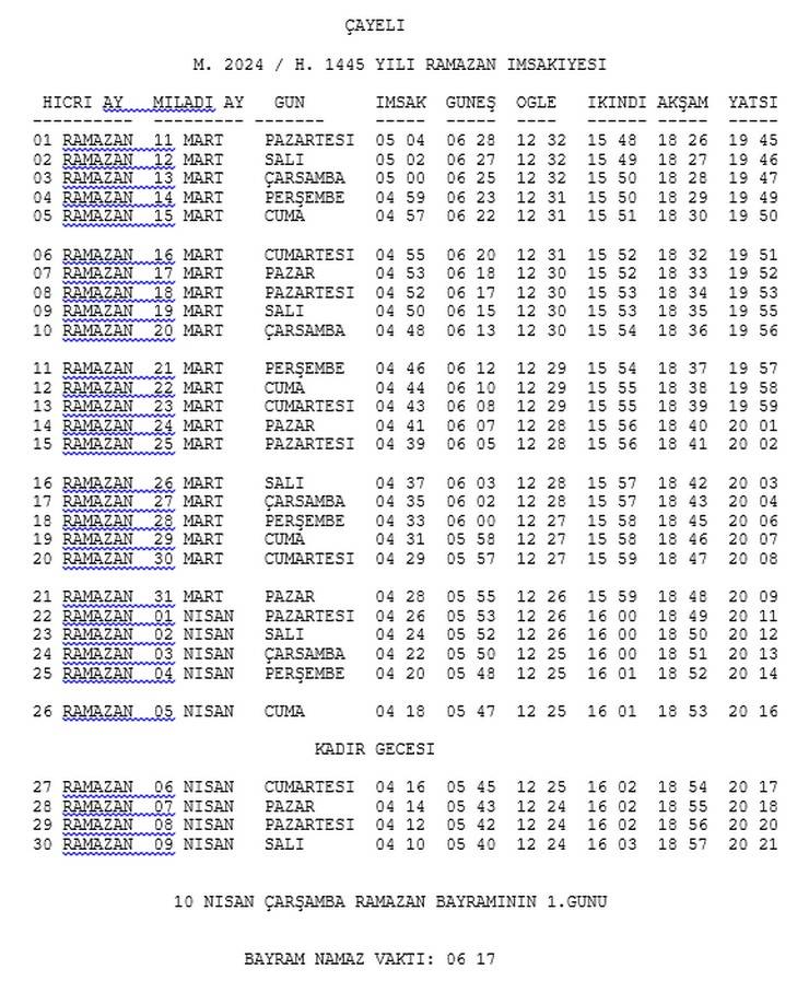 Rize ve İlçelerinin 2024 Yılı Ramazan İmsakiyesi belli oldu 3