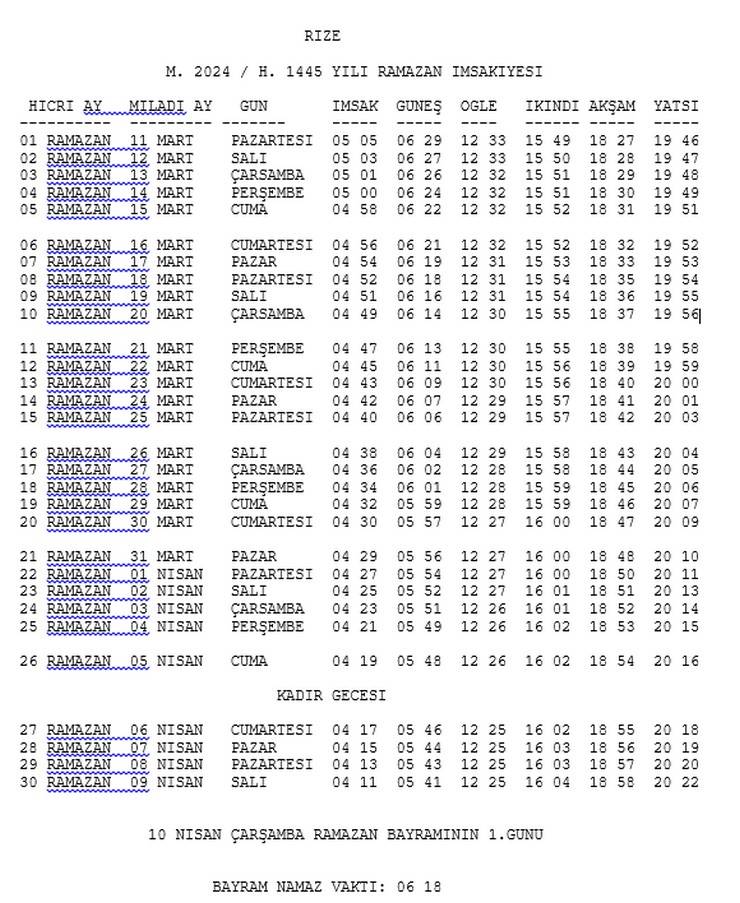Rize ve İlçelerinin 2024 Yılı Ramazan İmsakiyesi belli oldu 9
