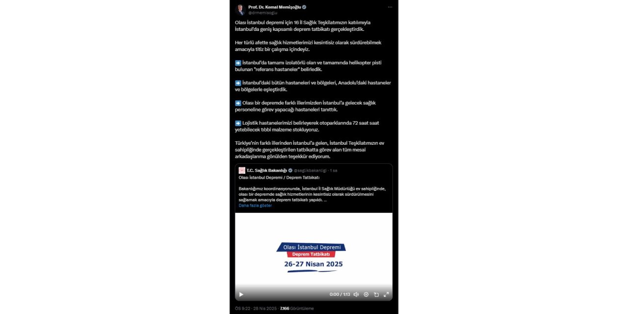 Bakan Memişoğlu'ndan, 'deprem tatbikatı' paylaşımı