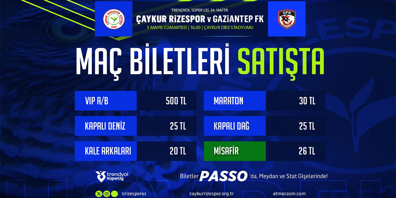 Çaykur Rizespor - Gaziantep FK Maçının Biletleri Satışa Çıktı!