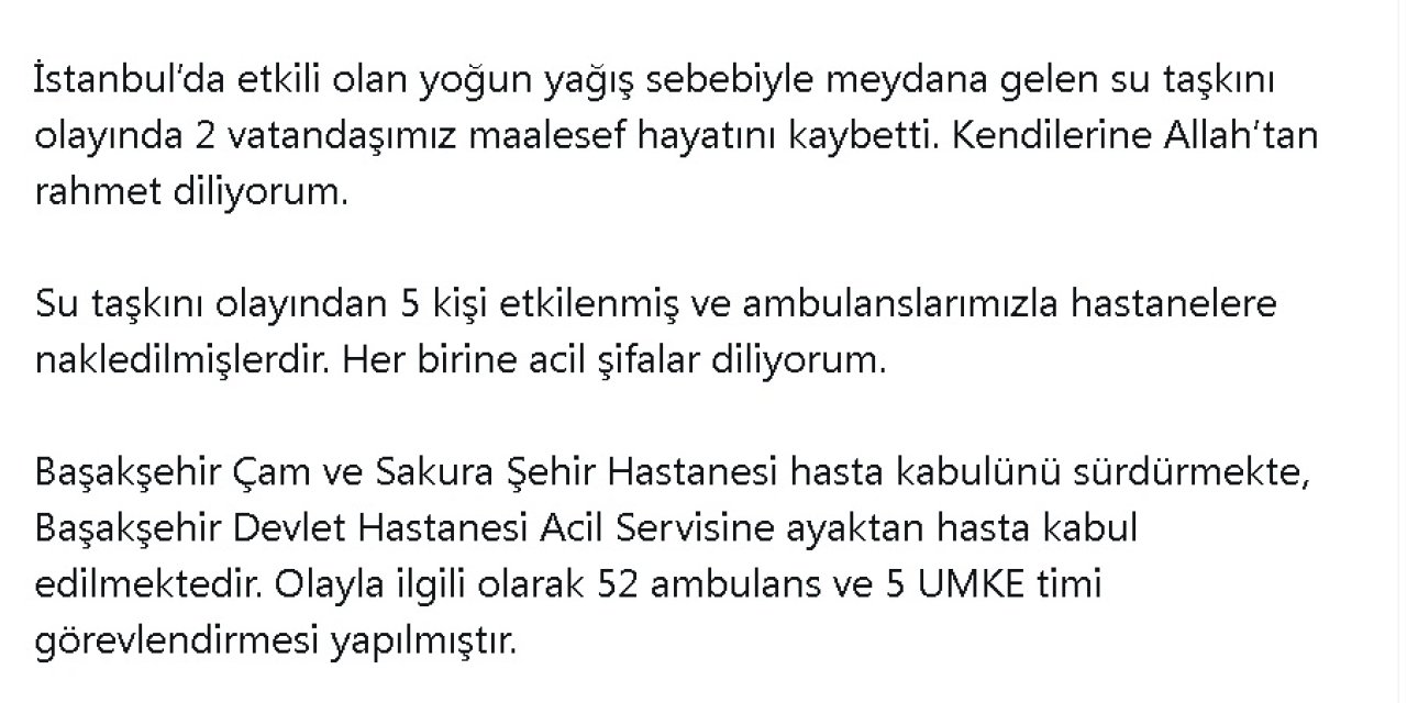 Bakan Koca: İstanbul'daki Su Taşkınında 2 Vatandaşımız Maalesef Hayatını Kaybetti