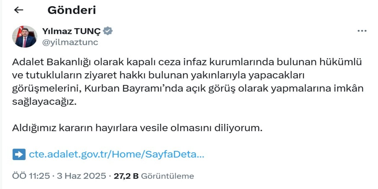 Kurban Bayramı'nda hükümlü ve tutuklulara 'açık görüş' imkanı