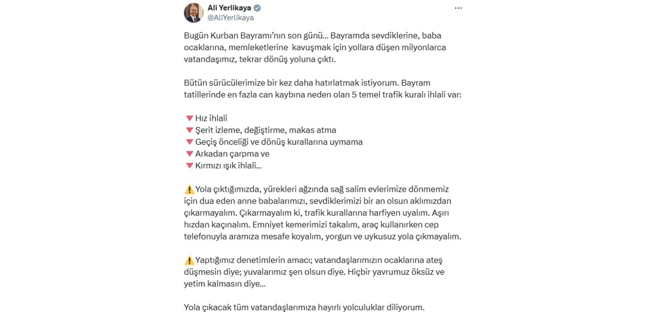 Bakan Yerlikaya'dan dönüş yoluna çıkacak vatandaşlara uyarı