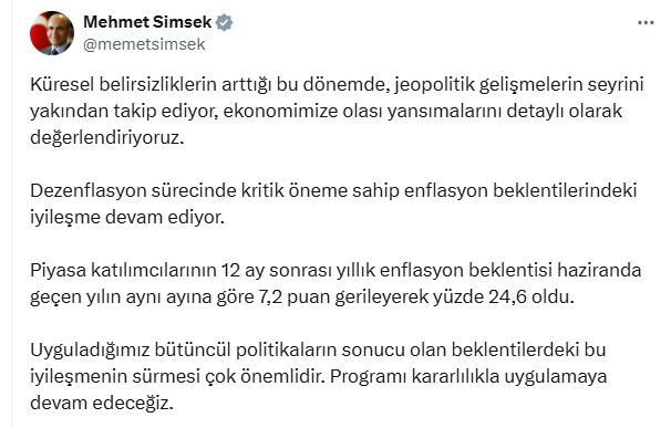 Bakan Şimşek: Jeopolitik gelişmelerin ekonomimize olası yansımalarını değerlendiriyoruz