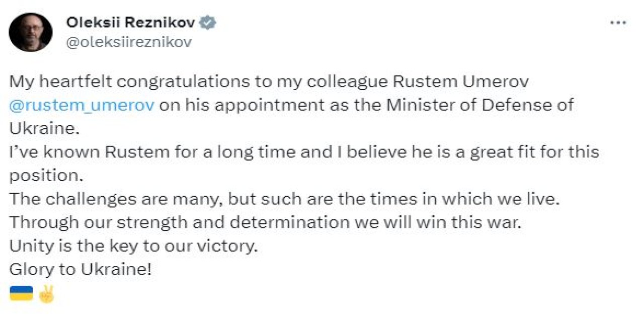 Reznikov’dan Umerov’a Tebrik Mesajı