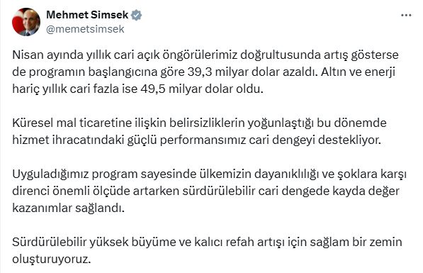 Bakan Şimşek: Hizmet ihracatındaki performansımız cari dengeyi destekliyor