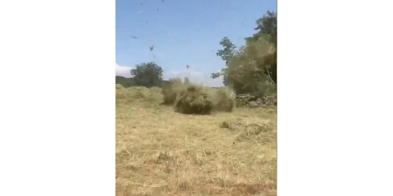 Tarlada Ot Balyalarını Uçuran Hortum Kamerada