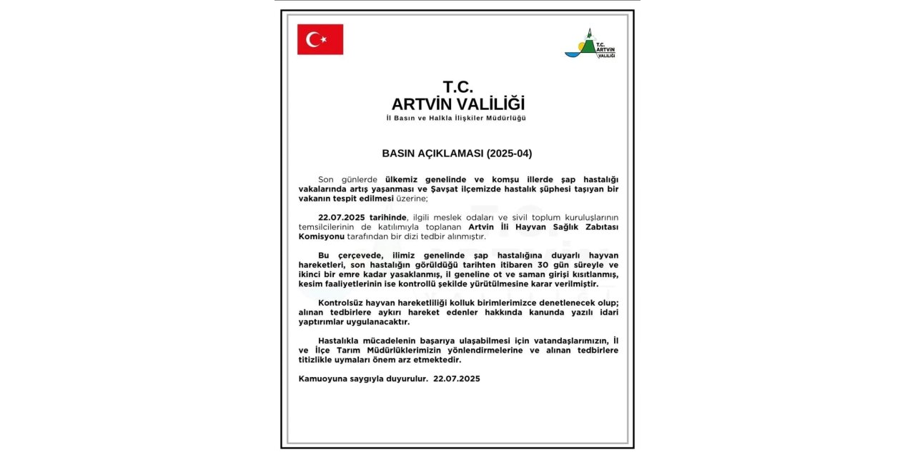 Artvin’de şap hastalığına karşı hayvan hareketleri 30 gün yasaklandı