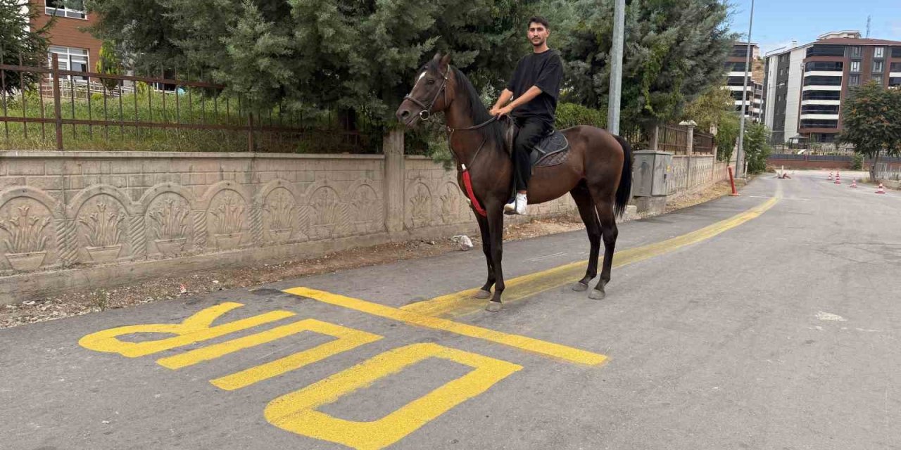 Tokat’ta direksiyon sınavı heyecanını yenmek için motosiklet yerine atla parkura girdi