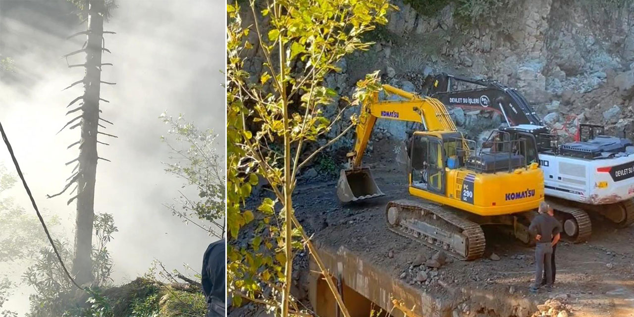 Rize'de sel ve heyelanlar sonrası riskli kayalara ilginç temizlik