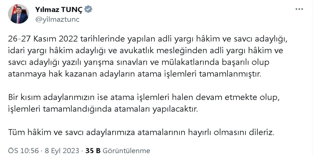 Bakan Tunç: Atanmaya Hak Kazanan Adayların Atama İşlemleri Tamamlandı