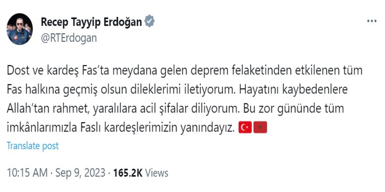 Cumhurbaşkanı Erdoğan'dan Fas Depremi Sonrasında Taziye Mesajı
