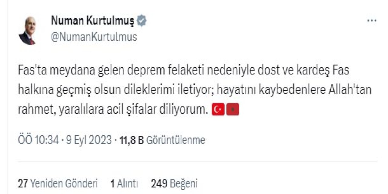 Tbmm Başkanı Kurtulmuş'tan, Fas'a Başsağlığı Mesajı