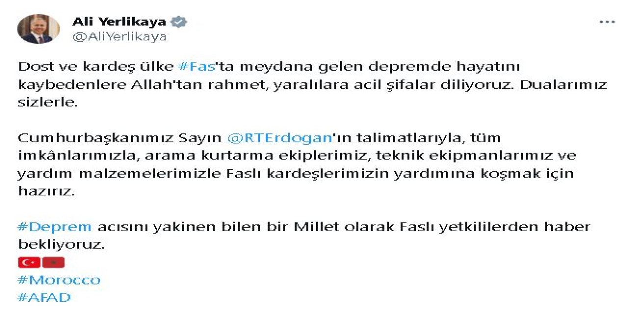 Bakan Yerlikaya: Fas'ın Yardımına Koşmak İçin Hazırız