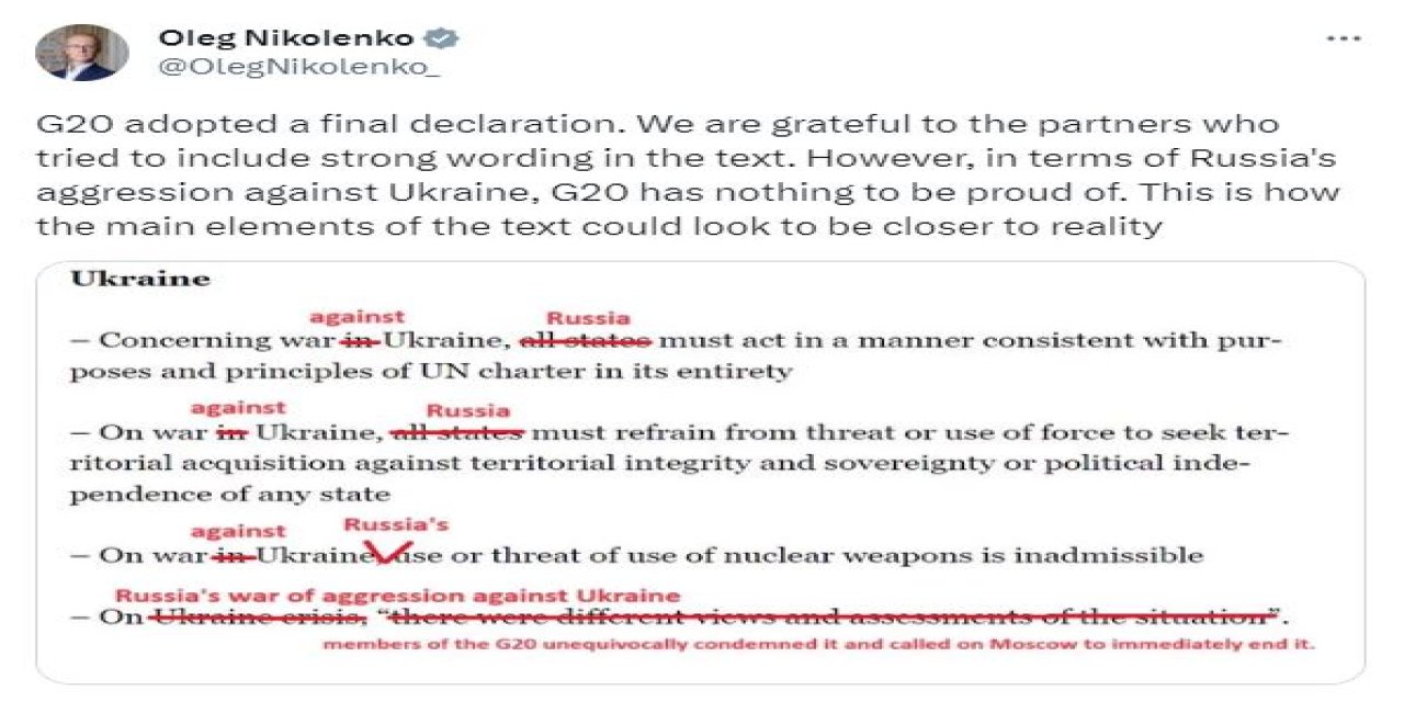 Ukrayna’dan G20 Sonuç Bildirgesi’ne Tepki: Gurur Duyulacak Bir Şey Yok