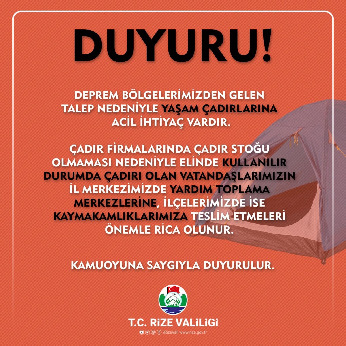 Rize Valiliği'nden çadır seferberliği