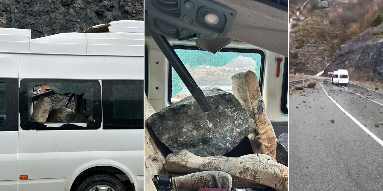 Artvin'de minibüsün üzerine dev kayalar düştü, 3 kişi şans eseri kurtuldu