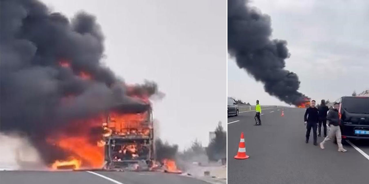 Seyir halindeki yolcu otobüsü alev alev yandı: 25 yolcu son anda kurtuldu