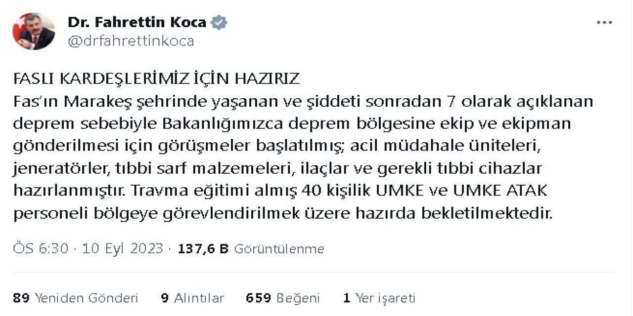 Bakan Koca: Faslı Kardeşlerimiz İçin Hazırız
