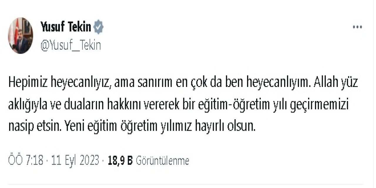 Bakan Tekin: Yeni Eğitim Öğretim Yılımız Hayırlı Olsun