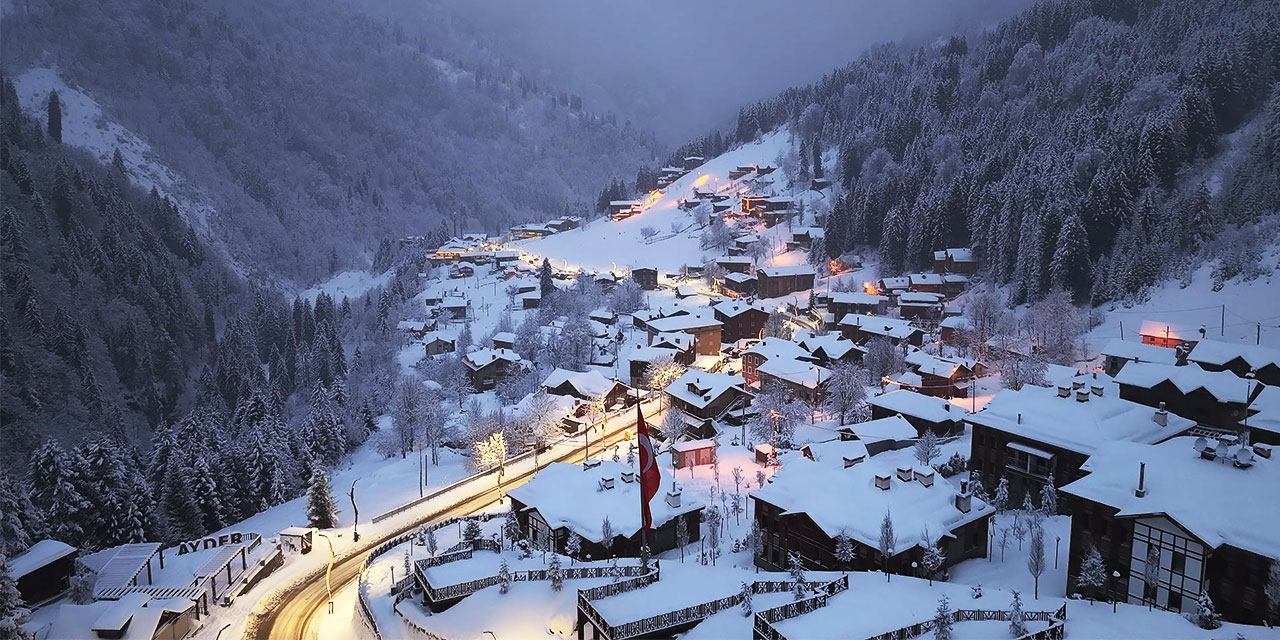 Beyaza bürünen turizm cenneti Ayder havadan görüntülendi