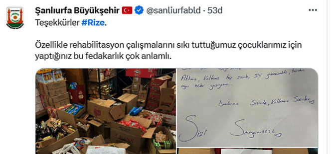 Şanlıurfa Büyükşehir Belediyesi'nden Rize'ye Teşekkür Mesajı