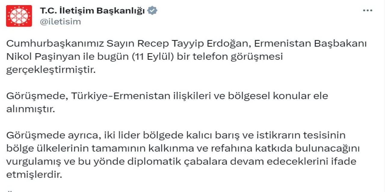 Cumhurbaşkanı Erdoğan, Paşinyan İle Telefonda Görüştü