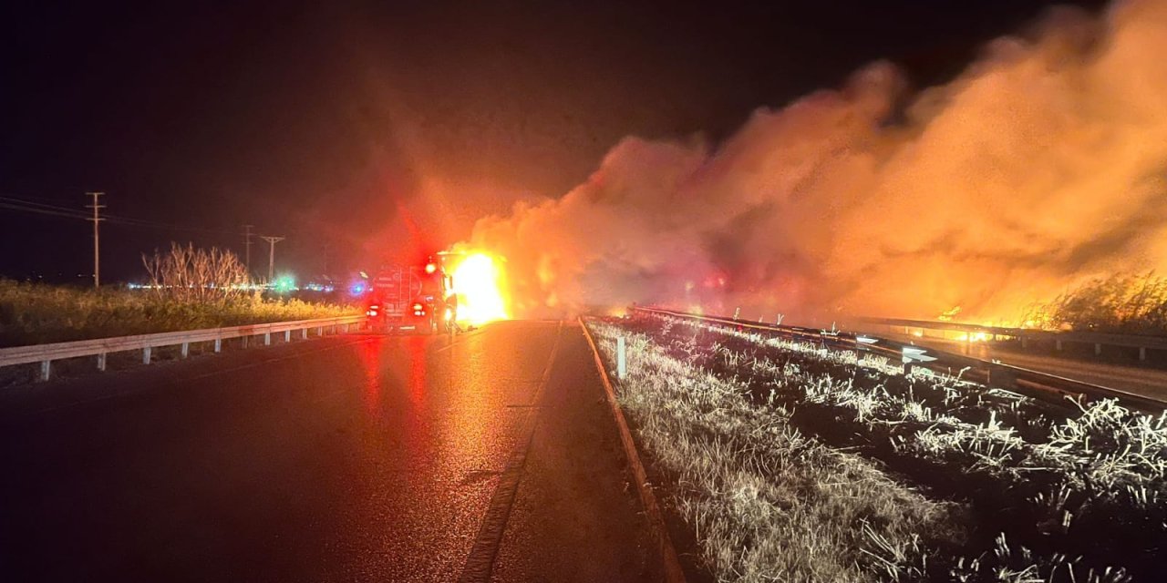 Bursa-balıkesir Karayolu'nda Tır'da Çıkan Yangın Sazlık Alana Sıçradı