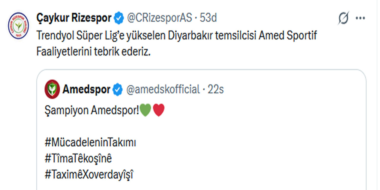 Çaykur Rizespor Amedspor'u tebrik etti