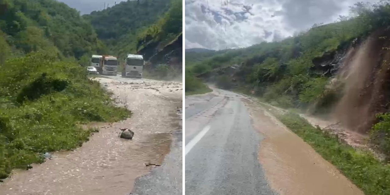 Trabzon-Bayburt karayolunda ulaşıma sel engeli