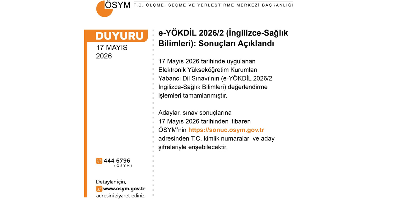 e-YÖKDİL 2026/2 sonuçları açıklandı