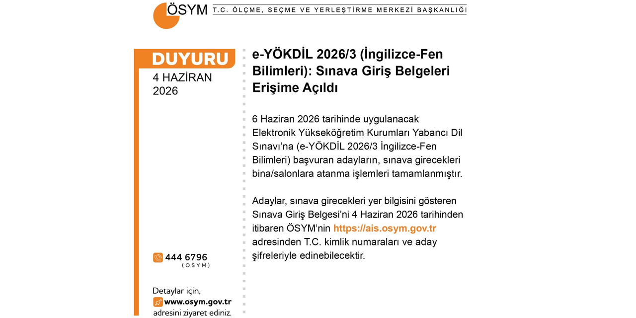e-YÖKDİL 2026/3 sınava giriş belgeleri erişime açıldı