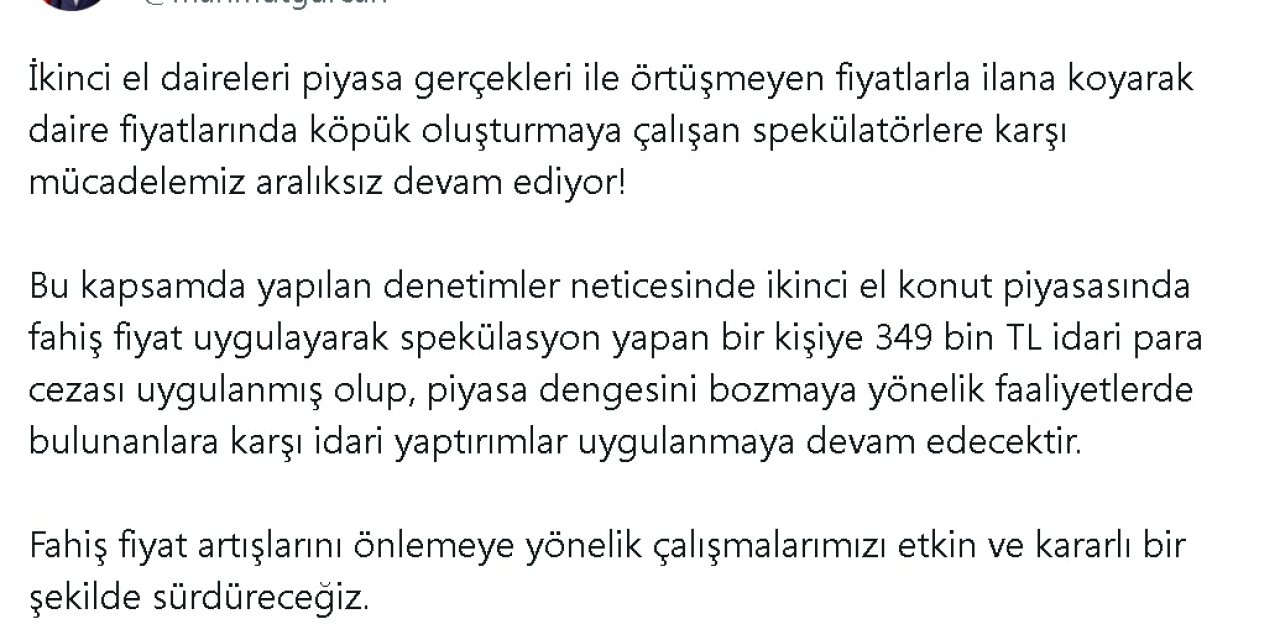 Gayrimenkul Piyasasında Fiyat Spekülasyonu Yapan Kişiye 349 Bin Tl Para Cezası Uygulandı