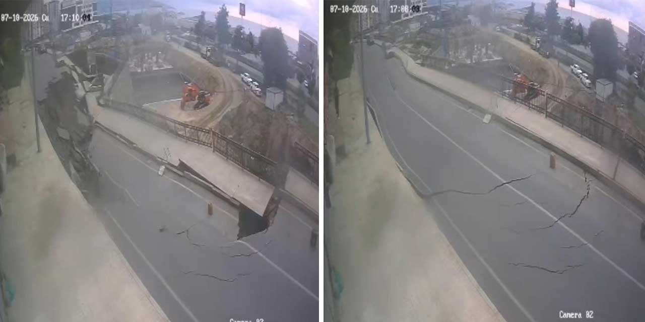 Rize’de yolun çökme anı güvenlik kamerasına yansıdı