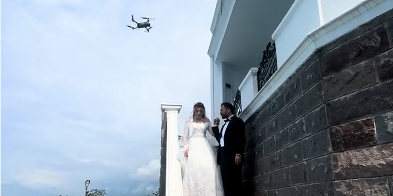 Sıcaktan bunalan gelini dron ile serinletti