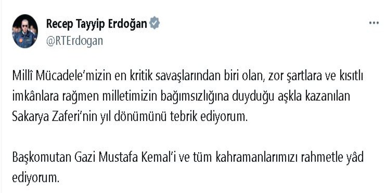 Cumhurbaşkanı Erdoğan'dan 'Sakarya Zaferi' Mesajı