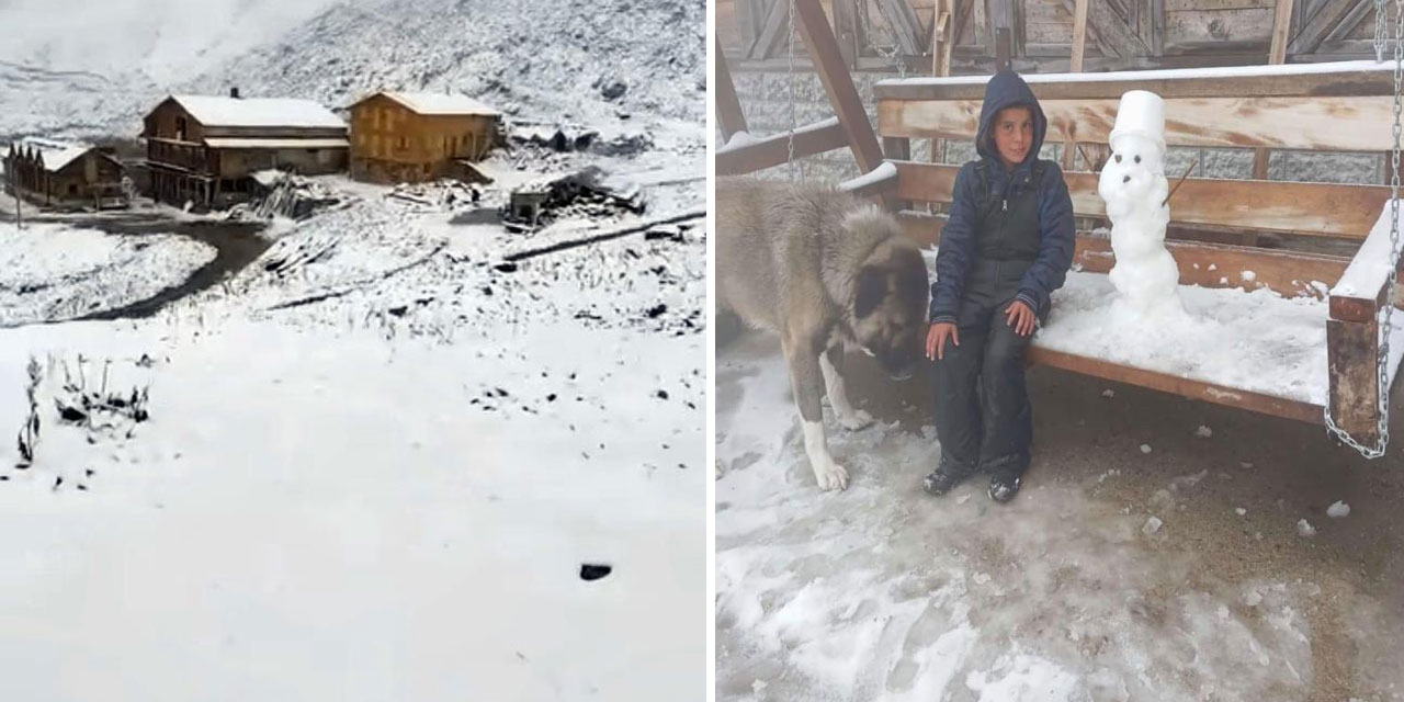 Rize'nin yaylalarına Eylül'de kış geldi, 3 bin 100 metre yükseklikte bulunan Tahpur Yaylası beyaza büründü