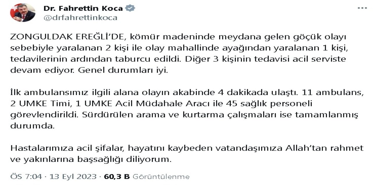 Bakan Koca: Zonguldak'ta Kömür Madenindeki Göçükte Yaralanan 6 Kişiden 3'ü Taburcu Edildi