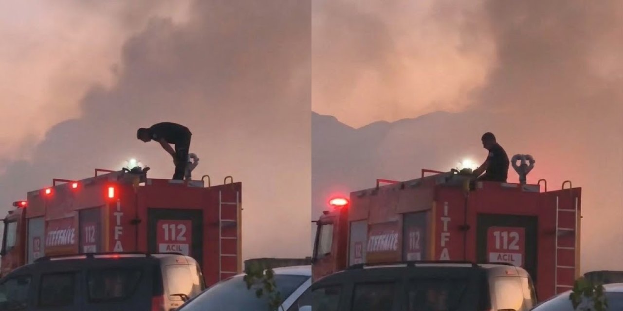 Yangına müdahalenin ardından, araç üzerinde namazını kıldı