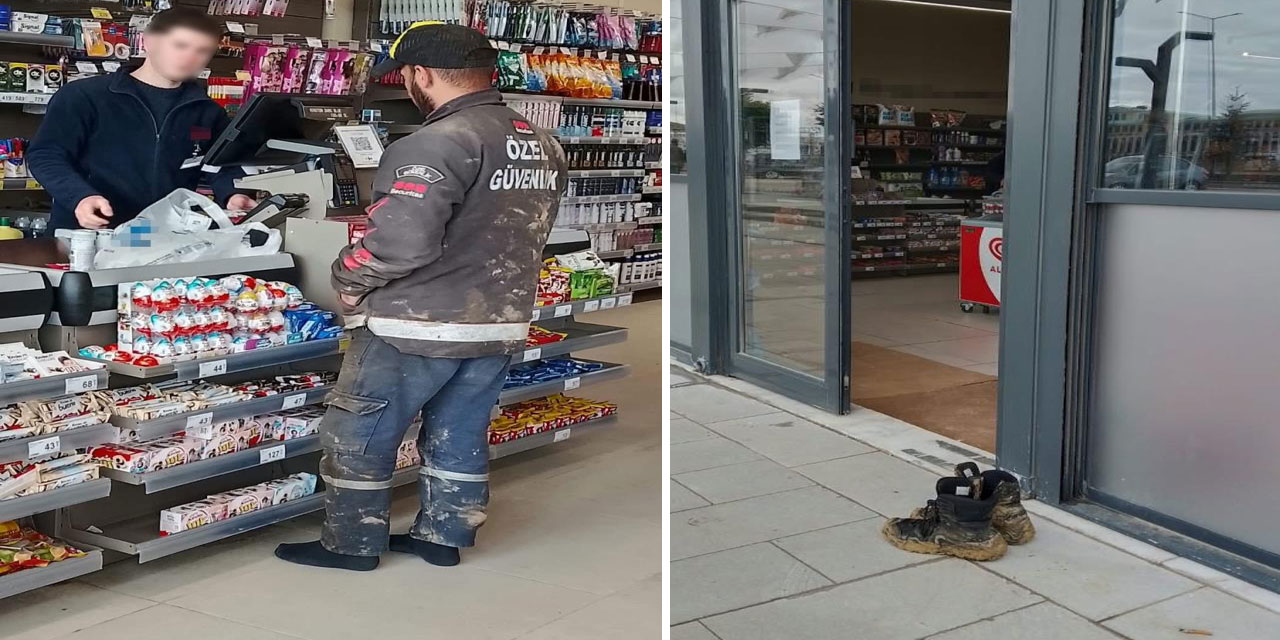 Bayburt’ta inşaat işçisi çamurlu ayakkabılarını çıkarıp alışveriş yaptı
