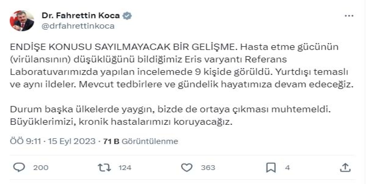 Bakan Koca: Eris Varyantı 9 Kişide Görüldü