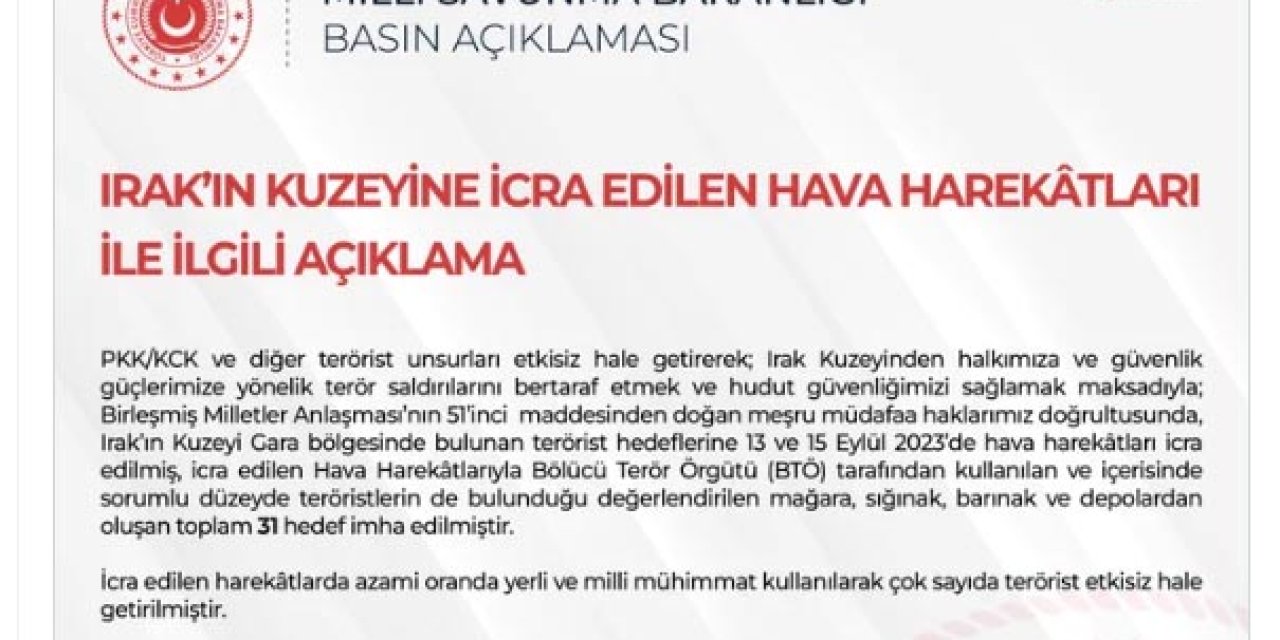 Msb: Irak'ın Kuzeyinde 31 Terörist Hedef İmha Edildi