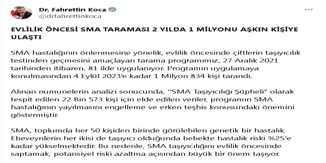 Bakan Koca: 1,8 Milyon Kişi Evlilik Öncesi Sma Taramasından Geçti