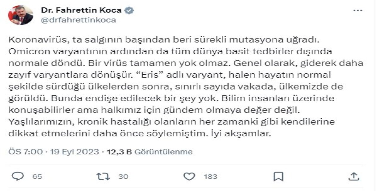 Bakan Koca: Eris, Halkımız İçin Gündem Olmaya Değer Değil
