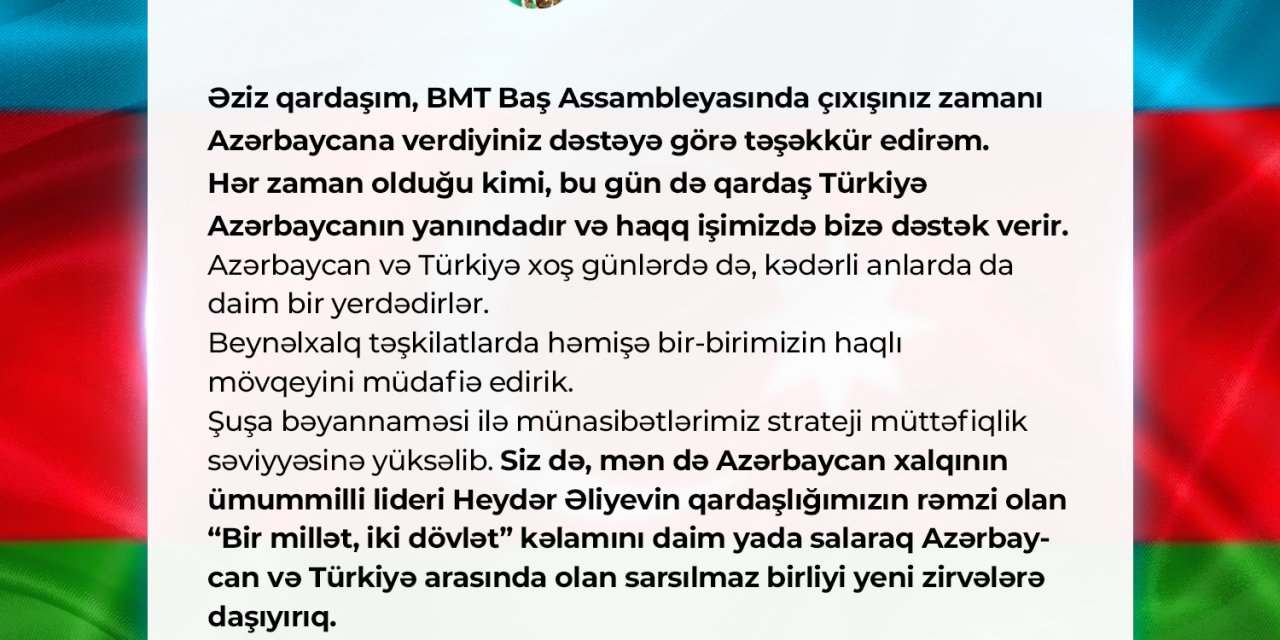 Azerbaycan Cumhurbaşkanı Aliyev’den, Cumhurbaşkanı Erdoğan’a Teşekkür