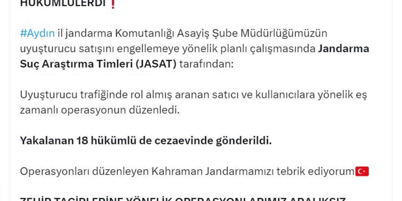 Bakan Yerlikaya: Aydın'da Uyuşturucudan Aranan 18 Hükümlü Yakalandı