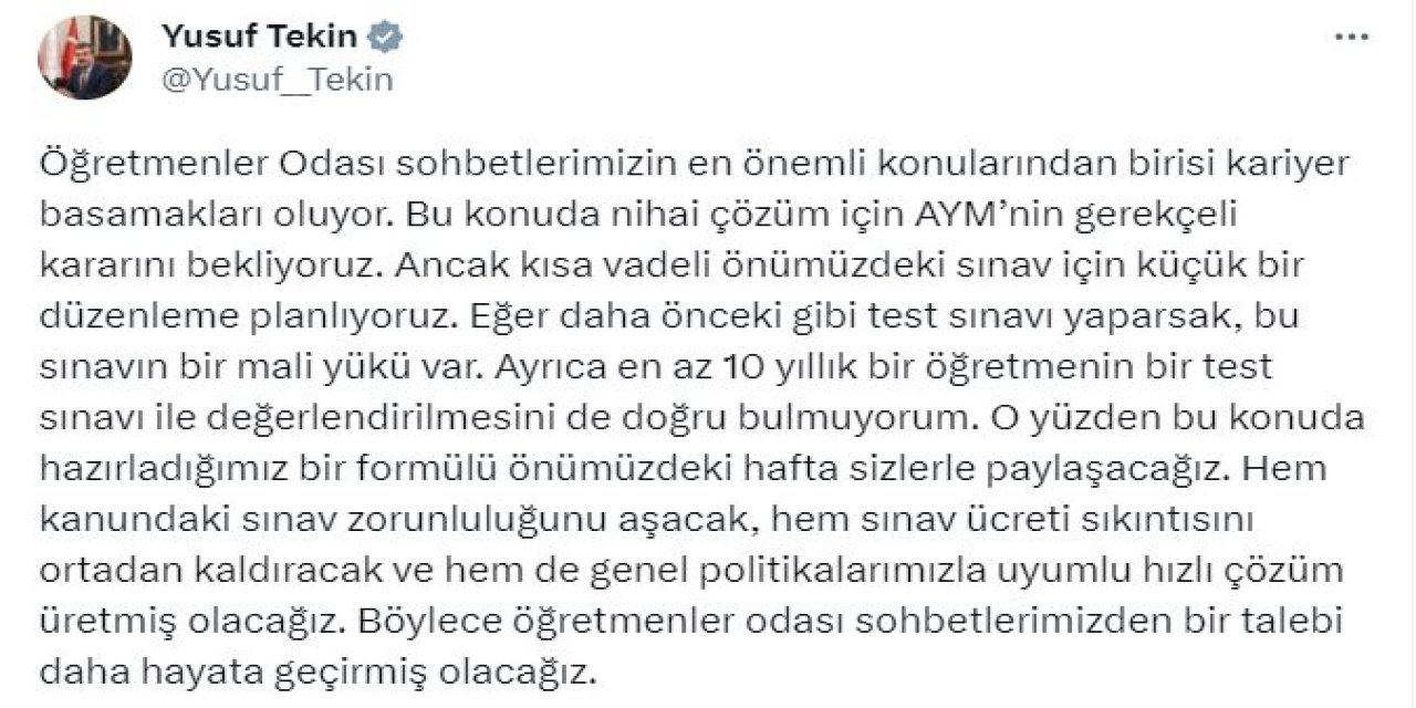 Bakan Tekin: 'Kariyer Basamakları Sınavı' İçin Düzenleme Planlıyoruz