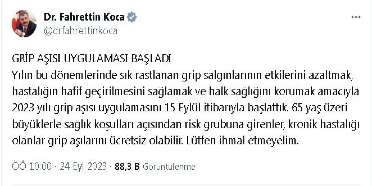 Bakan Koca: Grip Aşısı Uygulaması Başladı