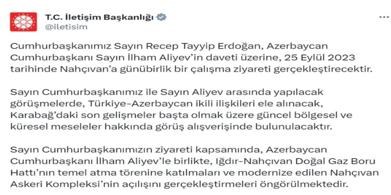 Cumhurbaşkanı Erdoğan, Nahçıvan'a Gidiyor